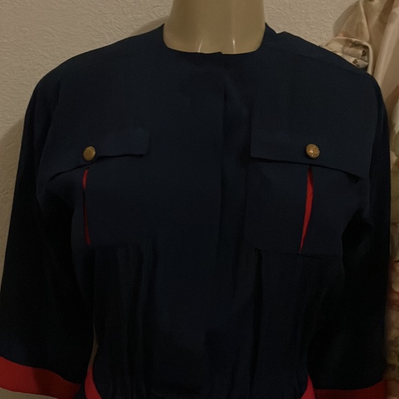 Vintage Dress Leslie Fay Petite Collection Blue with Red Sleeve Cuffs on Pockets - Picture 5 of 16